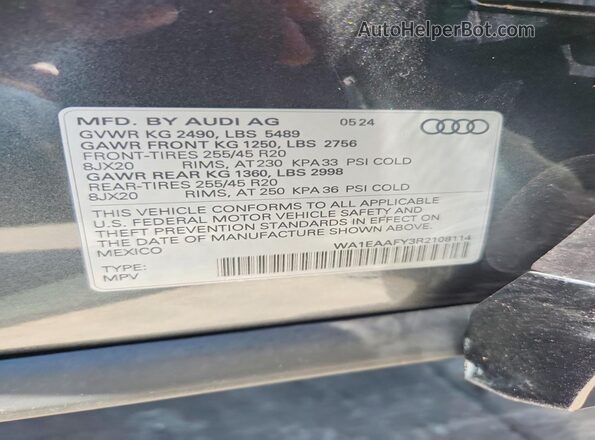 WA1EAAFY3R2108114 2024 AUDI Q5 Gray VIN sticker view