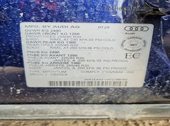 WA1EAAFY4P2188763 2023 AUDI Q5 Blue VIN sticker view