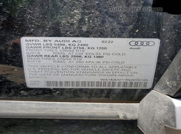 WA1EAAFY7N2070185 2022 AUDI Q5 Black Widok naklejki z numerem VIN