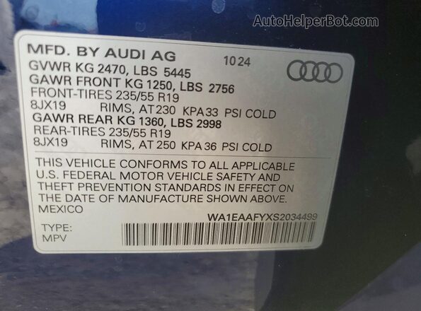 WA1EAAFYXS2034499 2025 AUDI Q5 Blue Вид наклейки з VIN-кодом