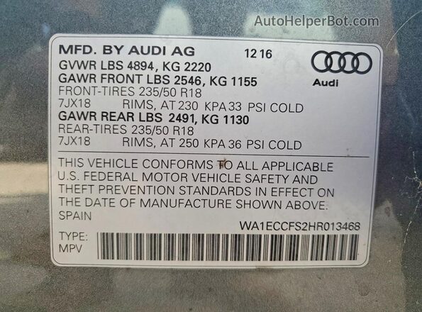 WA1ECCFS2HR013468 2017 AUDI Q3 Gray VIN კოდის სტიკერის ხედი