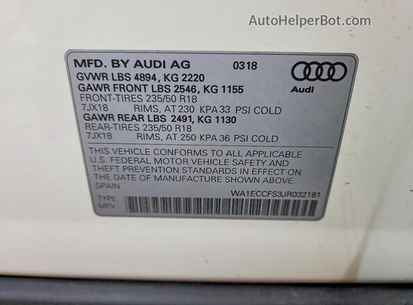 WA1ECCFS3JR032181 2018 AUDI Q3 White Панорамний вид салону 360°