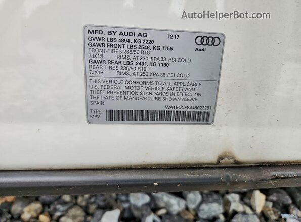 WA1ECCFS4JR022291 2018 AUDI Q3 White Widok naklejki z numerem VIN