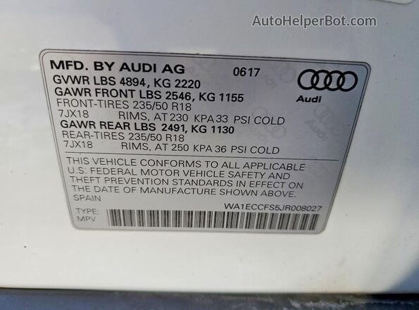 WA1ECCFS5JR008027 2018 AUDI Q3 Белый Вид наклейки с VIN-кодом