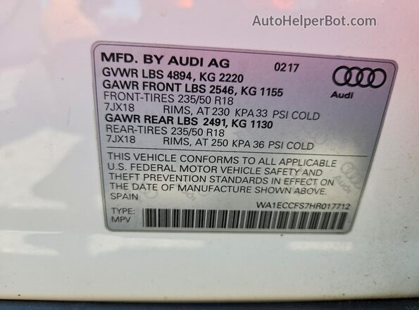 WA1ECCFS7HR017712 2017 AUDI Q3 White Շարժիչի բաժամունքի տեսք