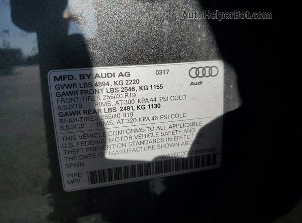 WA1ECCFS7JR001080 2018 AUDI Q3 Gray Widok naklejki z numerem VIN