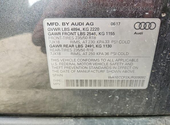 WA1ECCFSXJR009092 2018 AUDI Q3 Gray Вид наклейки з VIN-кодом