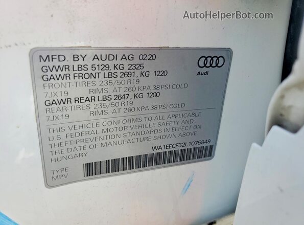 WA1EECF32L1075849 2020 AUDI Q3 White Vista de la etiqueta del VIN