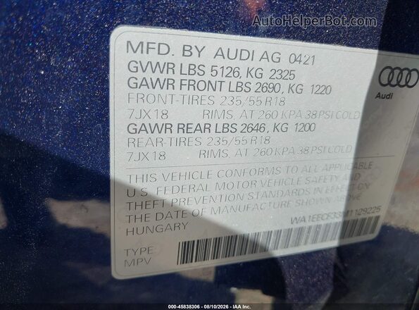 WA1EECF33M1129225 2021 AUDI Q3 Blue Շարժիչի բաժամունքի տեսք
