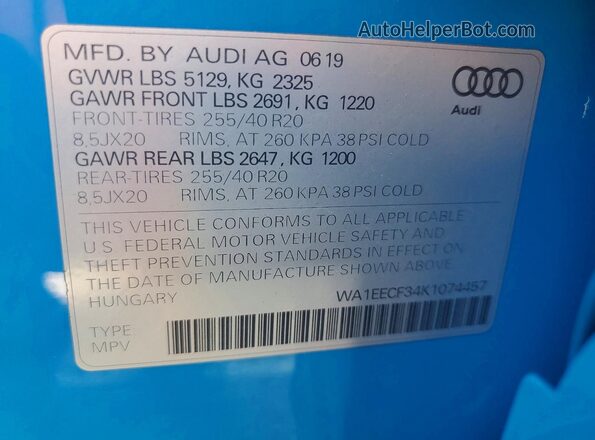 WA1EECF34K1074457 2019 AUDI Q3 Blue VIN sticker view