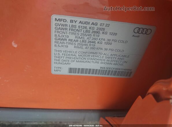 WA1EECF35N1148960 2022 AUDI Q3 Orange Вид підкапотного простору