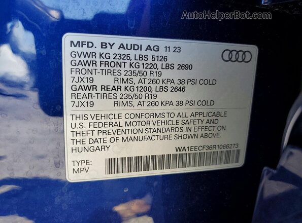 WA1EECF36R1066273 2024 AUDI Q3 Blue VIN կոդի պիտակի տեսք