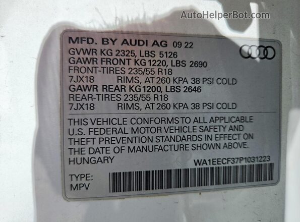 WA1EECF37P1031223 2023 AUDI Q3 White Vista de la etiqueta del VIN