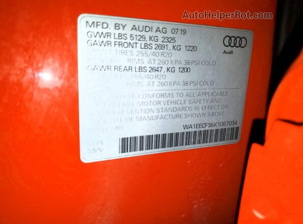 WA1EECF38K1087034 2019 AUDI Q3 Оранжевый Вид наклейки с VIN-кодом