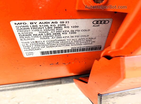 WA1EECF39N1032063 2022 AUDI Q3 Orange Widok wnętrza 360 stopni