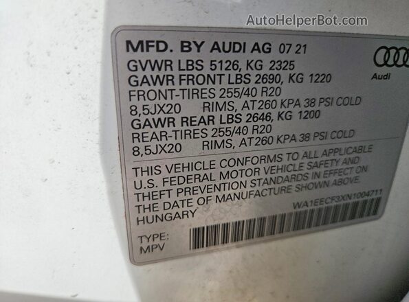 WA1EECF3XN1004711 2022 AUDI Q3 Белый Вид наклейки с VIN-кодом