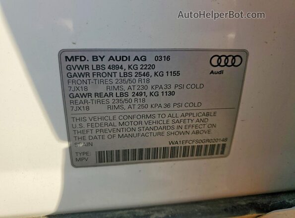 WA1EFCFS0GR020148 2016 AUDI Q3 White Widok naklejki z numerem VIN