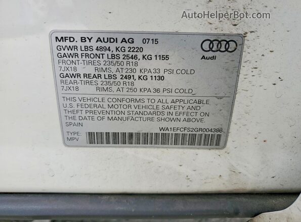 WA1EFCFS2GR004386 2016 AUDI Q3 White Вид наклейки з VIN-кодом