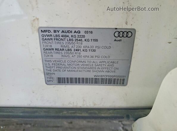 WA1EFCFS2GR020331 2016 AUDI Q3 White VIN կոդի պիտակի տեսք