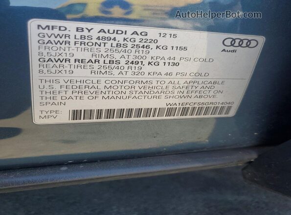 WA1EFCFS5GR014040 2016 AUDI Q3 Синий Вид наклейки с VIN-кодом