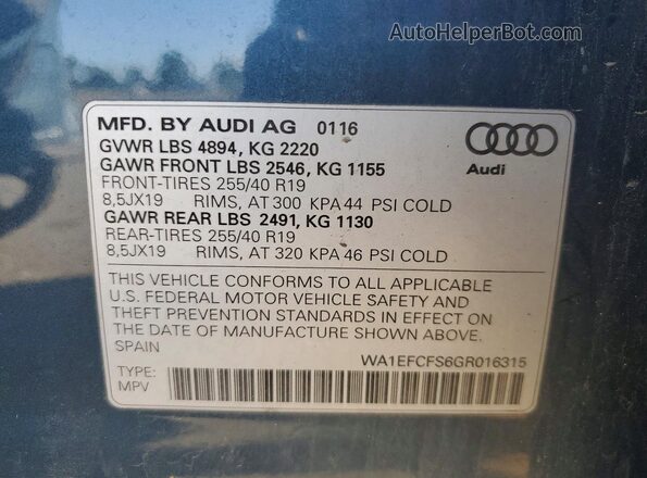 WA1EFCFS6GR016315 2016 AUDI Q3 Blue Vista de la etiqueta del VIN