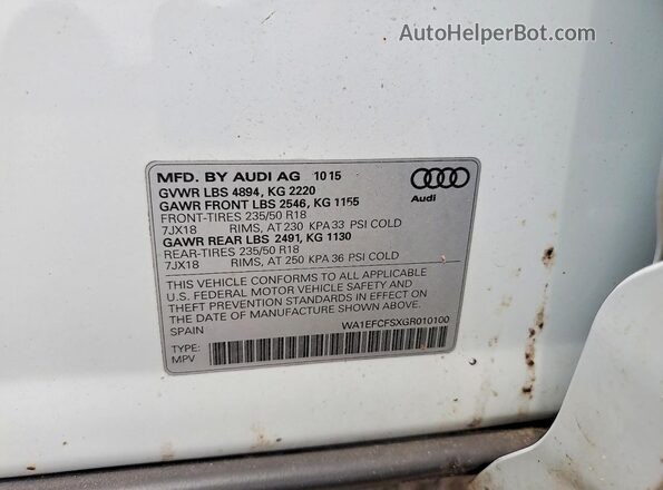 WA1EFCFSXGR010100 2016 AUDI Q3 Белый Вид наклейки с VIN-кодом
