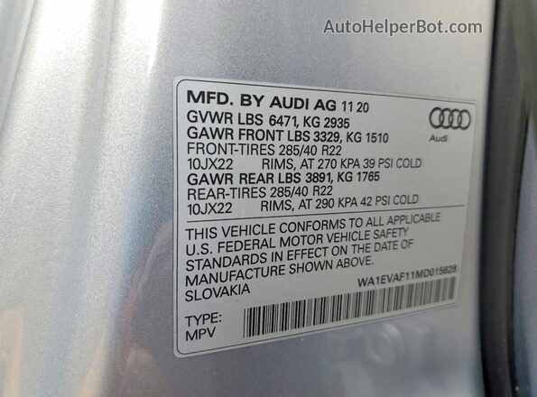 WA1EVAF11MD015628 2021 AUDI Q8 Silver Widok naklejki z numerem VIN