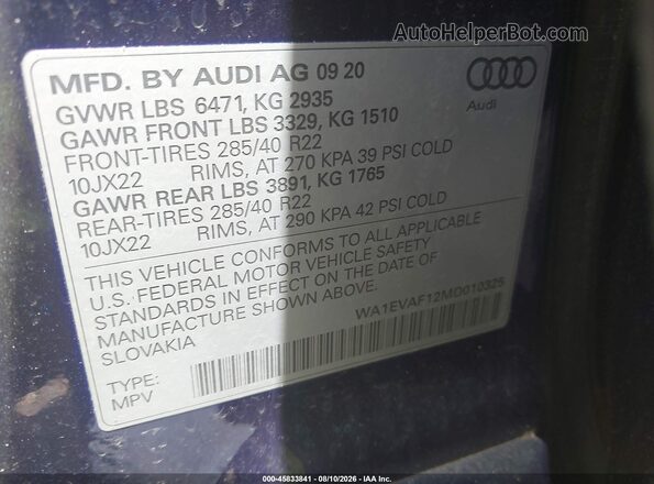 WA1EVAF12MD010325 2021 AUDI Q8 Dark Blue Vista del compartimento del motor