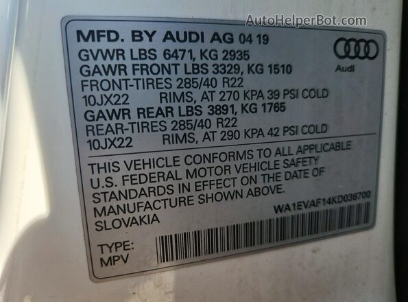 WA1EVAF14KD036700 2019 AUDI Q8 White Vista de la etiqueta del VIN