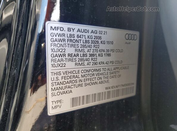 WA1EVAF17MD030294 2021 AUDI Q8 Black VIN კოდის სტიკერის ხედი