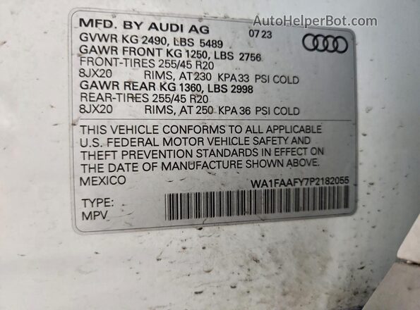 WA1FAAFY7P2182055 2023 AUDI Q5 White Вид наклейки з VIN-кодом