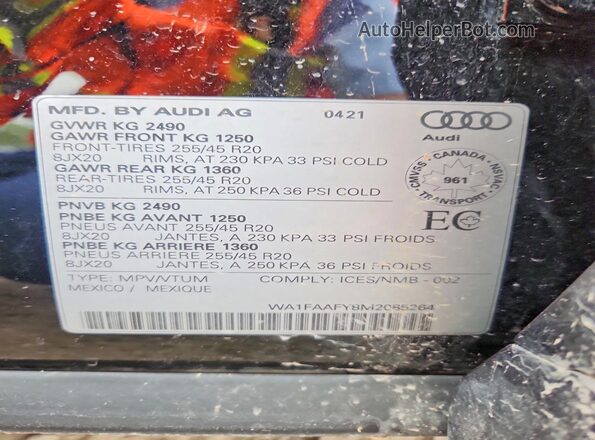WA1FAAFY8M2085264 2021 AUDI Q5 Черный Вид наклейки с VIN-кодом
