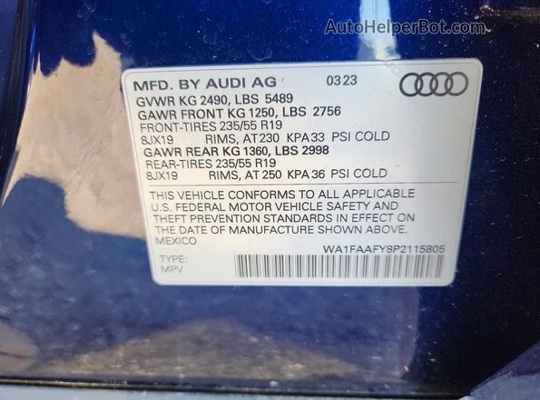 WA1FAAFY8P2115805 2023 AUDI Q5 Blue Vista de la etiqueta del VIN