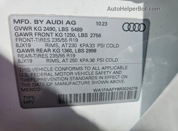 WA1FAAFY8R2024276 2024 AUDI Q5 White VIN կոդի պիտակի տեսք