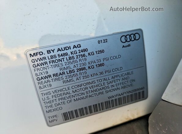 WA1FAAFYXN2055040 2022 AUDI Q5 White Вид наклейки з VIN-кодом