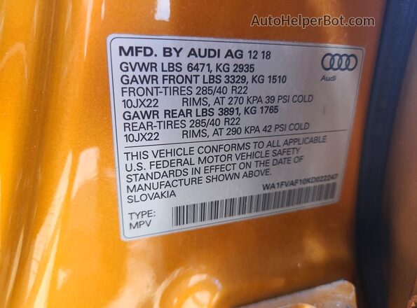 WA1FVAF10KD022247 2019 AUDI Q8 Orange VIN კოდის სტიკერის ხედი