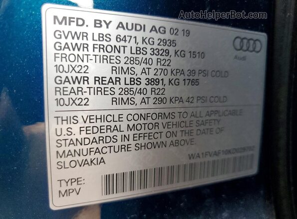 WA1FVAF10KD029702 2019 AUDI Q8 Blue VIN კოდის სტიკერის ხედი