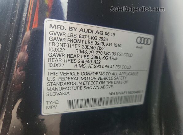 WA1FVAF11KD046511 2019 AUDI Q8 Black Vista de la etiqueta del VIN