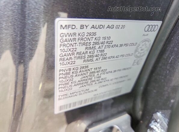 WA1FVAF12LD020629 2020 AUDI Q8 Gray Vista de la etiqueta del VIN
