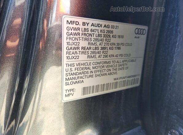 WA1FVAF14MD033111 2021 AUDI Q8 Gray Vista del compartimento del motor