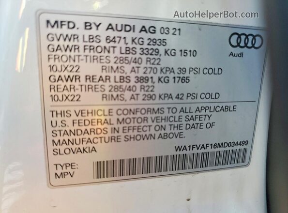 WA1FVAF16MD034499 2021 AUDI Q8 White VIN sticker view