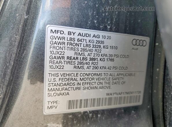 WA1FVAF17MD011720 2021 AUDI Q8 Gray VIN կոդի պիտակի տեսք