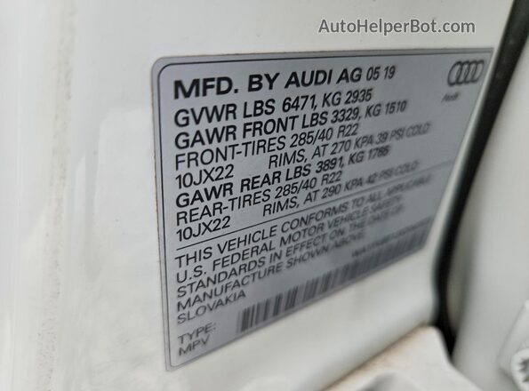 WA1FVBF12KD042523 2019 AUDI Q8 White Vista de la etiqueta del VIN