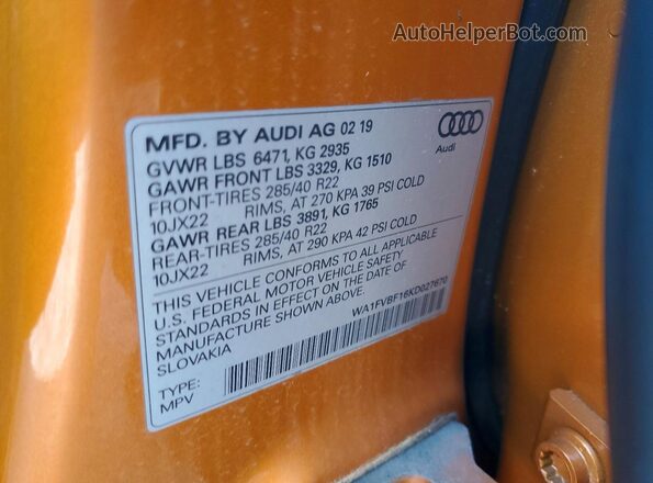 WA1FVBF16KD027670 2019 AUDI Q8 Orange 360 interior view