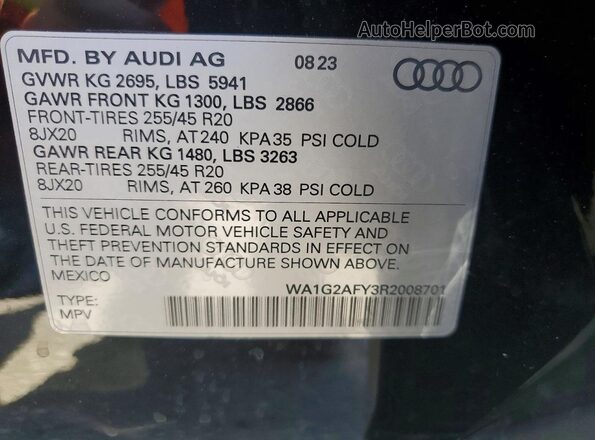 WA1G2AFY3R2008701 2024 AUDI Q5 Black VIN კოდის სტიკერის ხედი