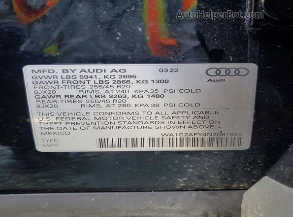WA1G2AFY4N2087824 2022 AUDI Q5 Черный Вид наклейки с VIN-кодом