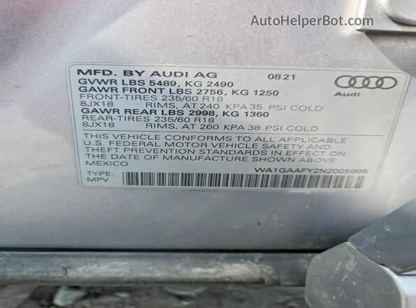 WA1GAAFY2N2005995 2022 AUDI Q5 Серебряный Вид наклейки с VIN-кодом
