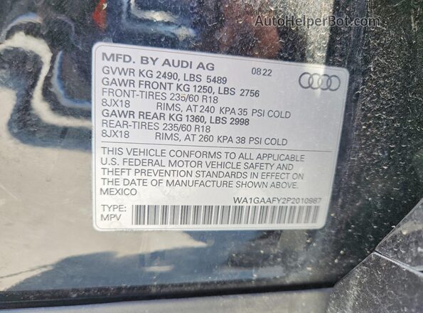 WA1GAAFY2P2010987 2023 AUDI Q5 Black Vista de la etiqueta del VIN