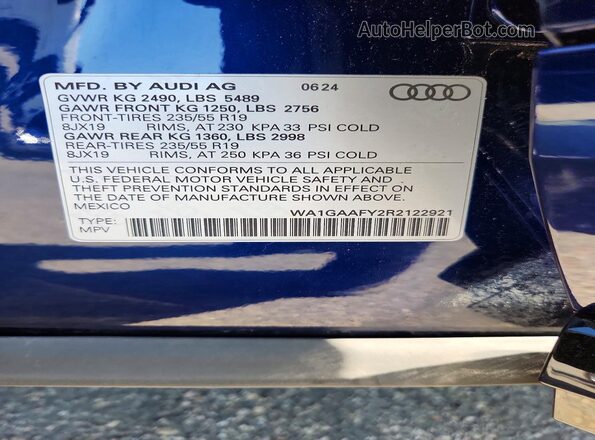 WA1GAAFY2R2122921 2024 AUDI Q5 Blue VIN կոդի պիտակի տեսք