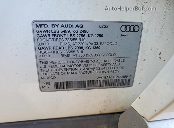 WA1GAAFY3N2065946 2022 AUDI Q5 White Widok naklejki z numerem VIN